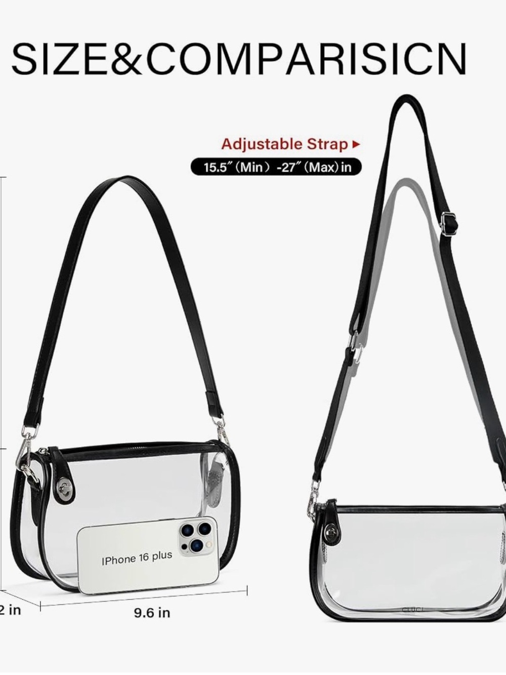 Clear Black Trim Shoulder Bag with Detachable Strap (stadium friendly) - Picture 2 of 4